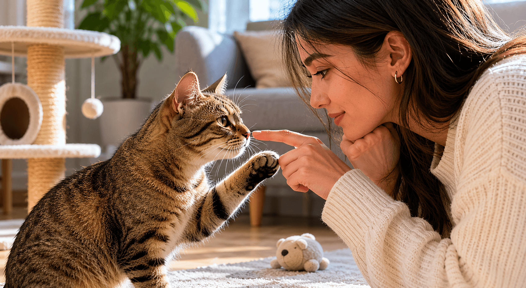 Domestic cat looking calmly at its owner to explain understanding cat language and feline communication