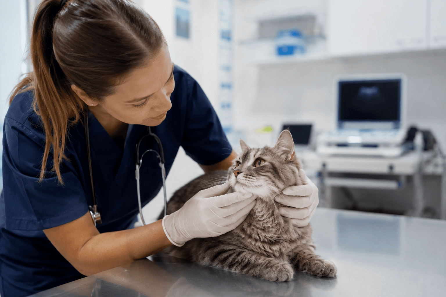 A veterinarian holding a small cat while providing medical care