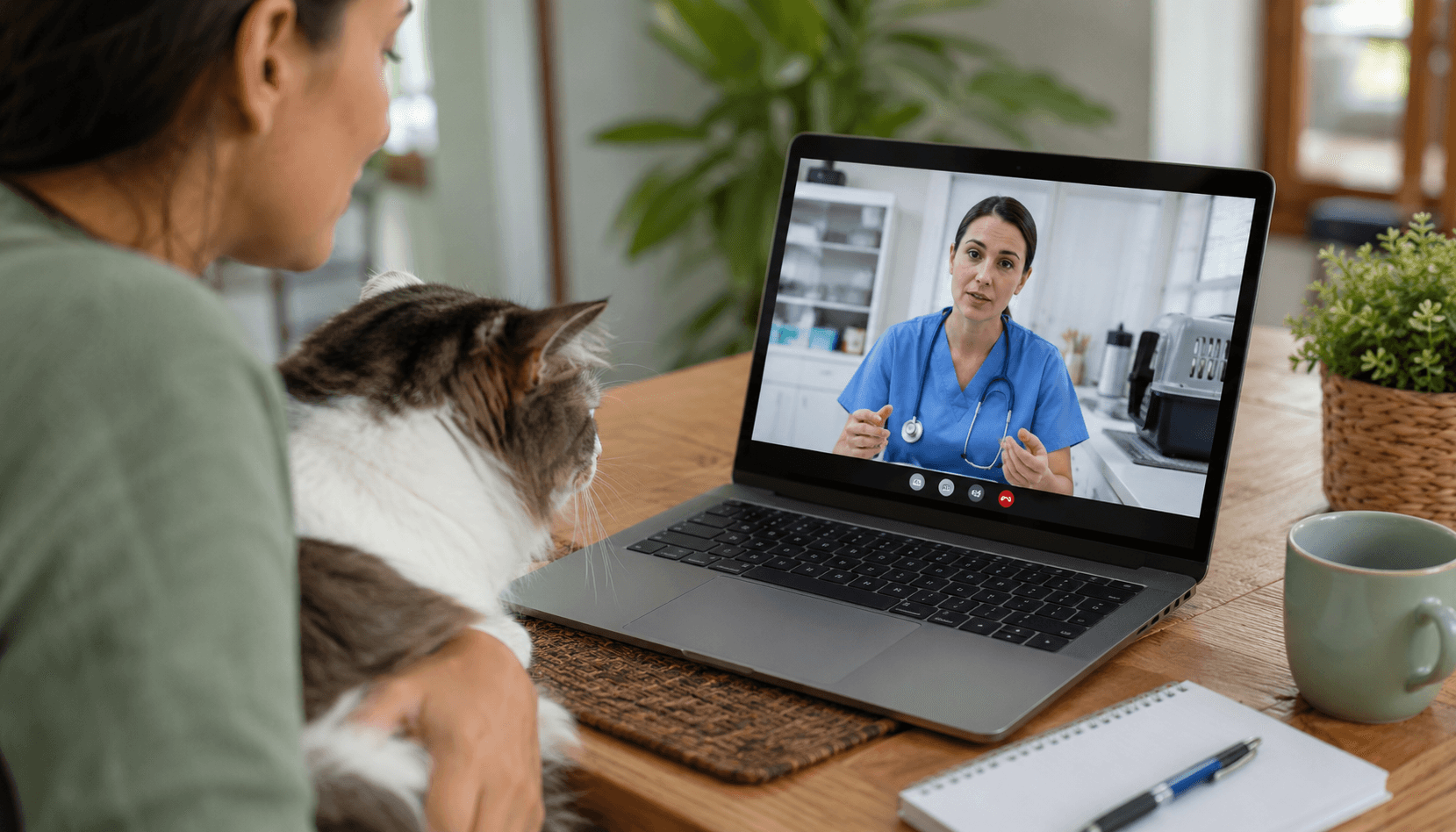 Pet owner holding a cat during an online veterinary consultation from home using the SCOTY app