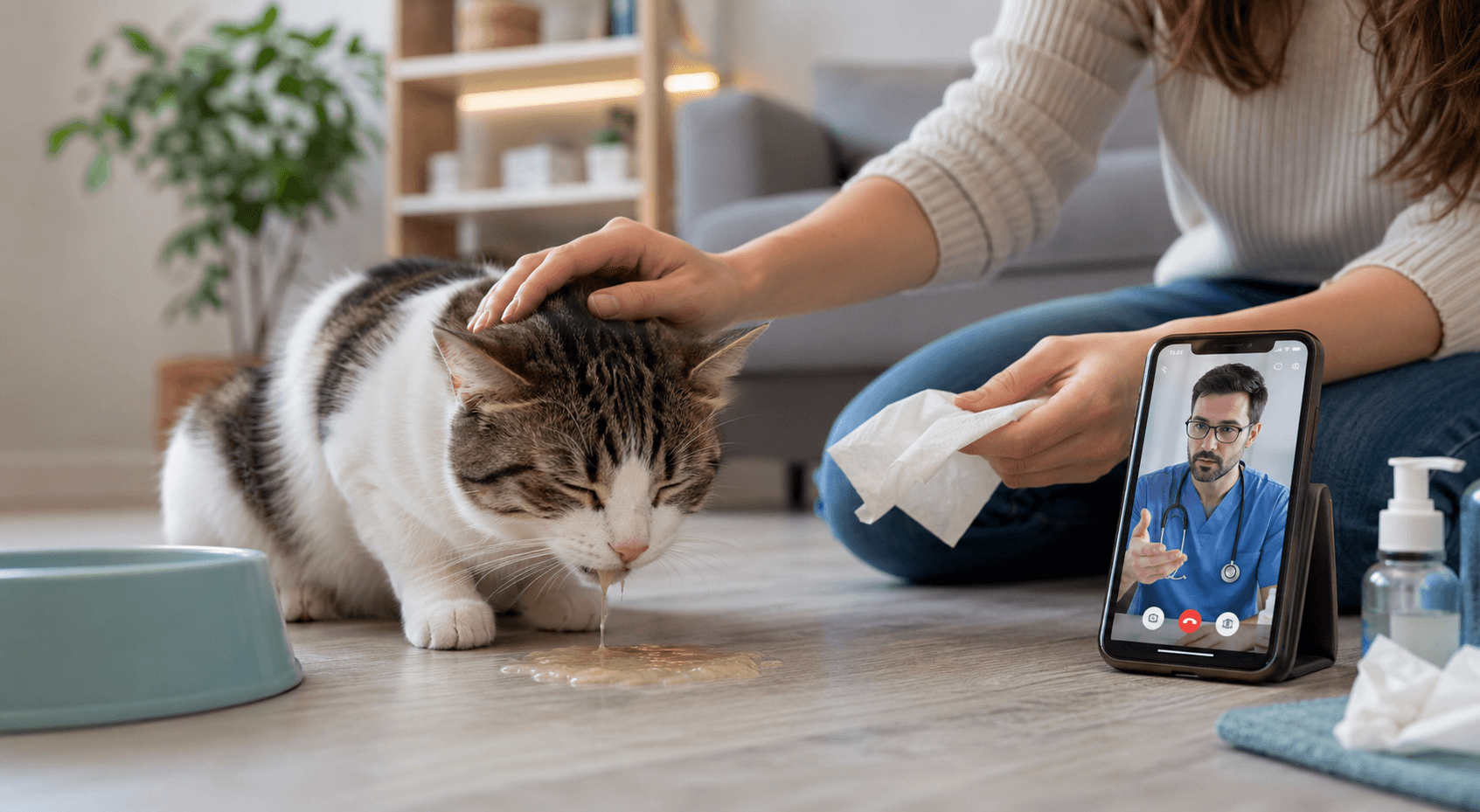 An online vet consultation for a sick cat using video call to discuss the cause of cat vomiting and home care options
