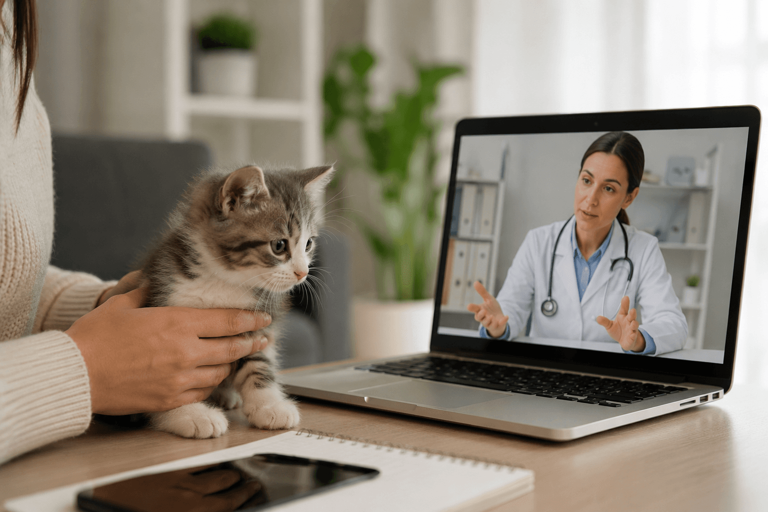 Online veterinarian checking a kitten with diarrhea and fungal infection through video consultation