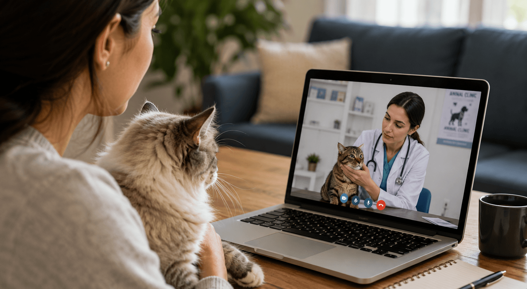 طبيب بيطري أونلاين يتابع تصرفات قطة عبر مكالمة فيديو لمساعدة المربين على فهم سلوك القطط