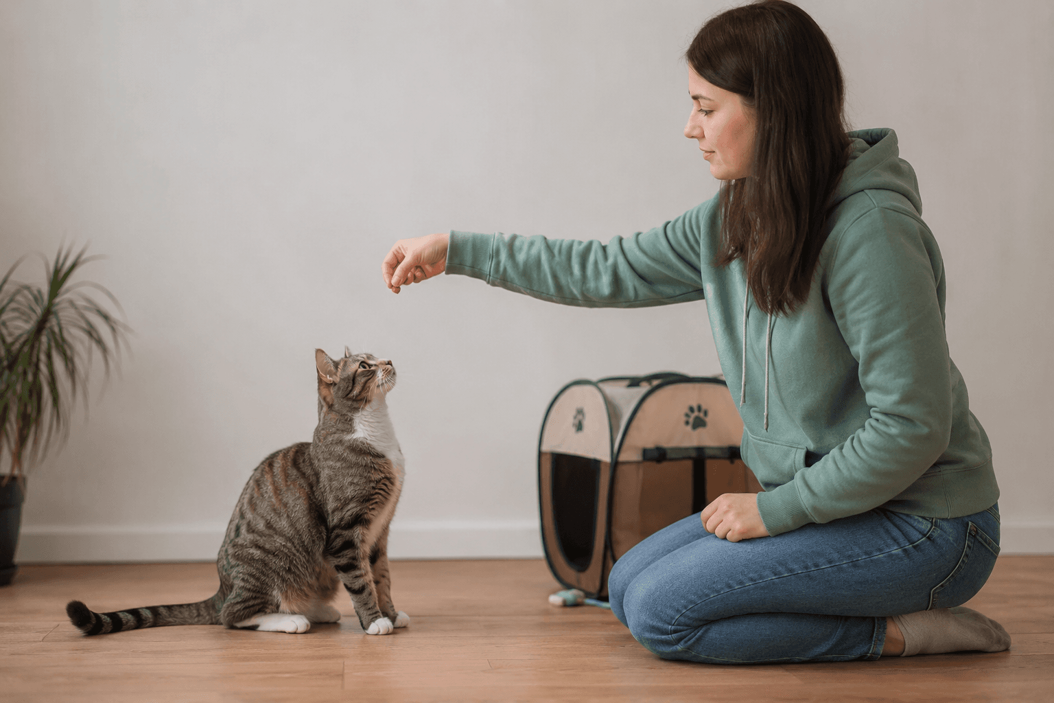 Cat learning commands during a home training session with treats