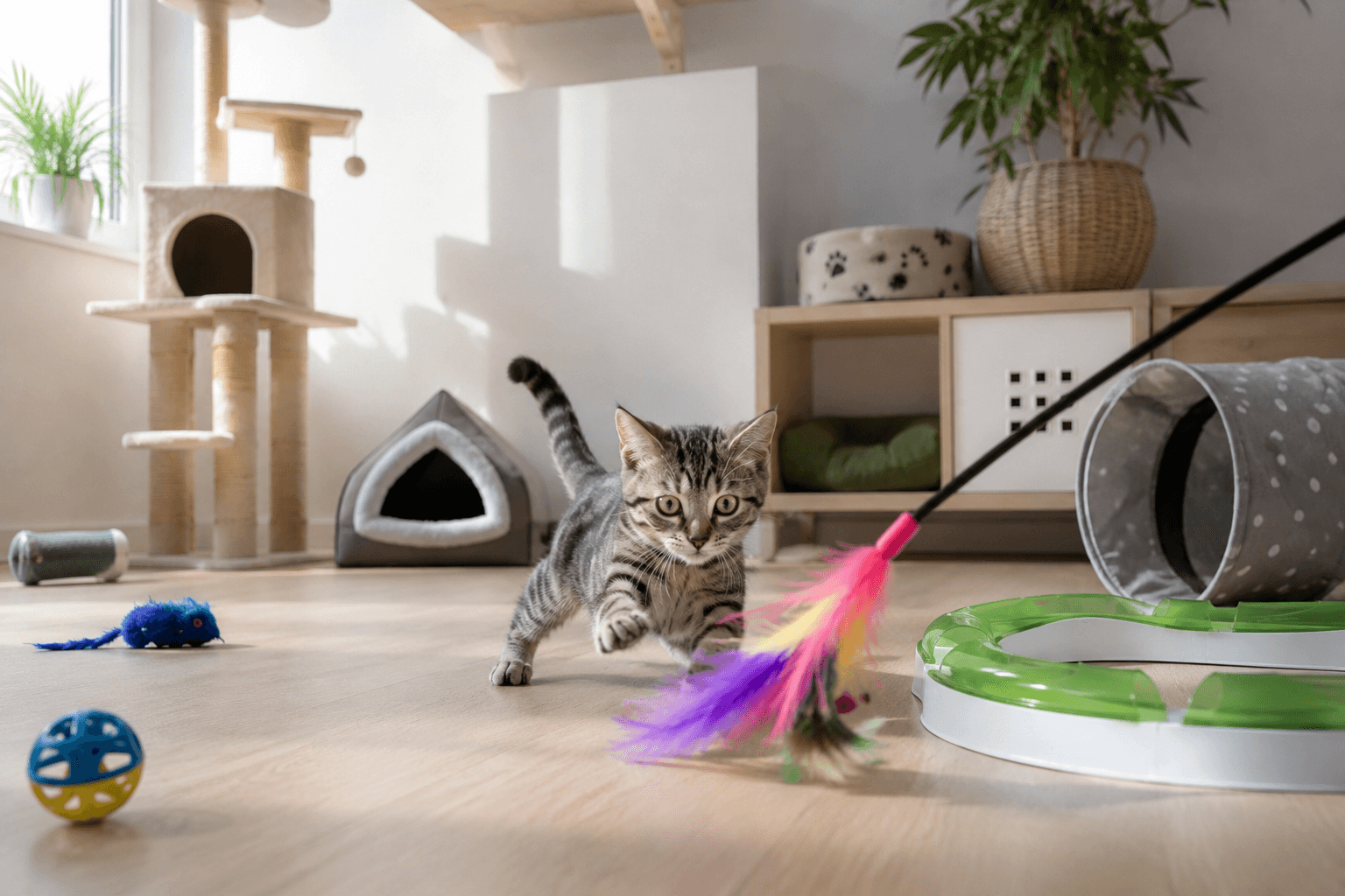 Playful kitten training with interactive toys inside a modern cat room