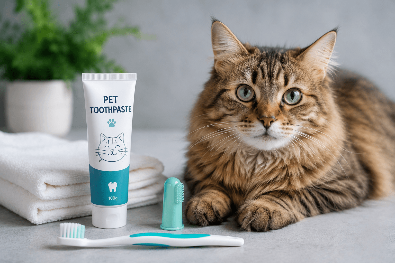 Domestic cat having its teeth cleaned with a cat-specific toothbrush