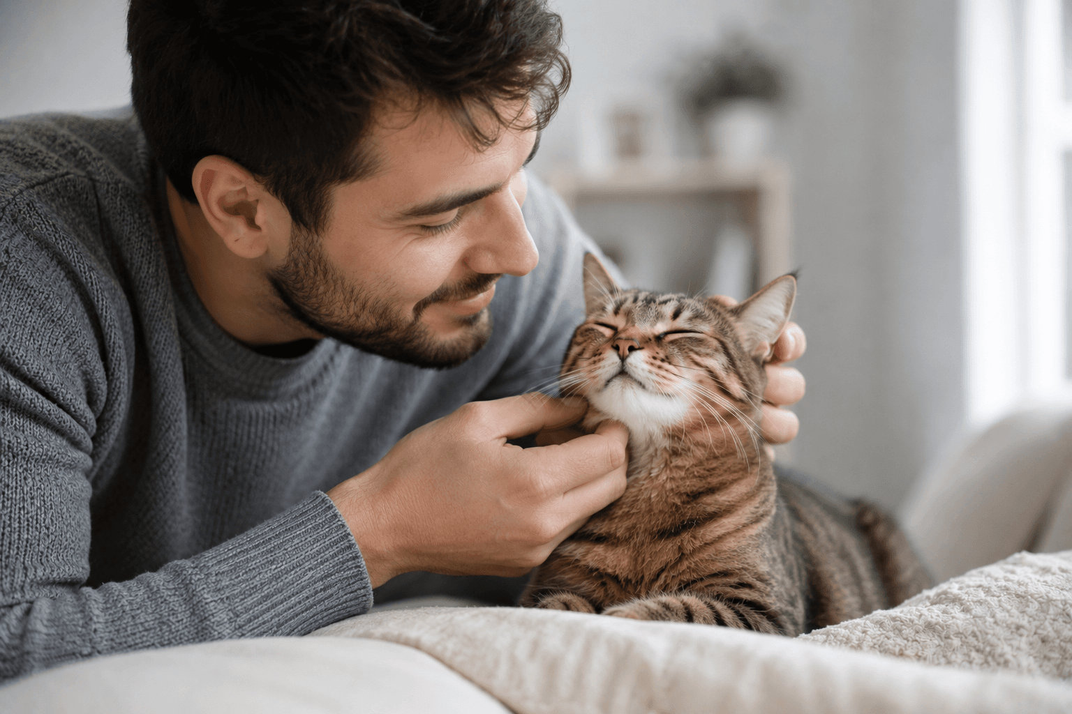 Cute golden tabby cat slowly bonding with its owner at home, representing when cats get used to their owners