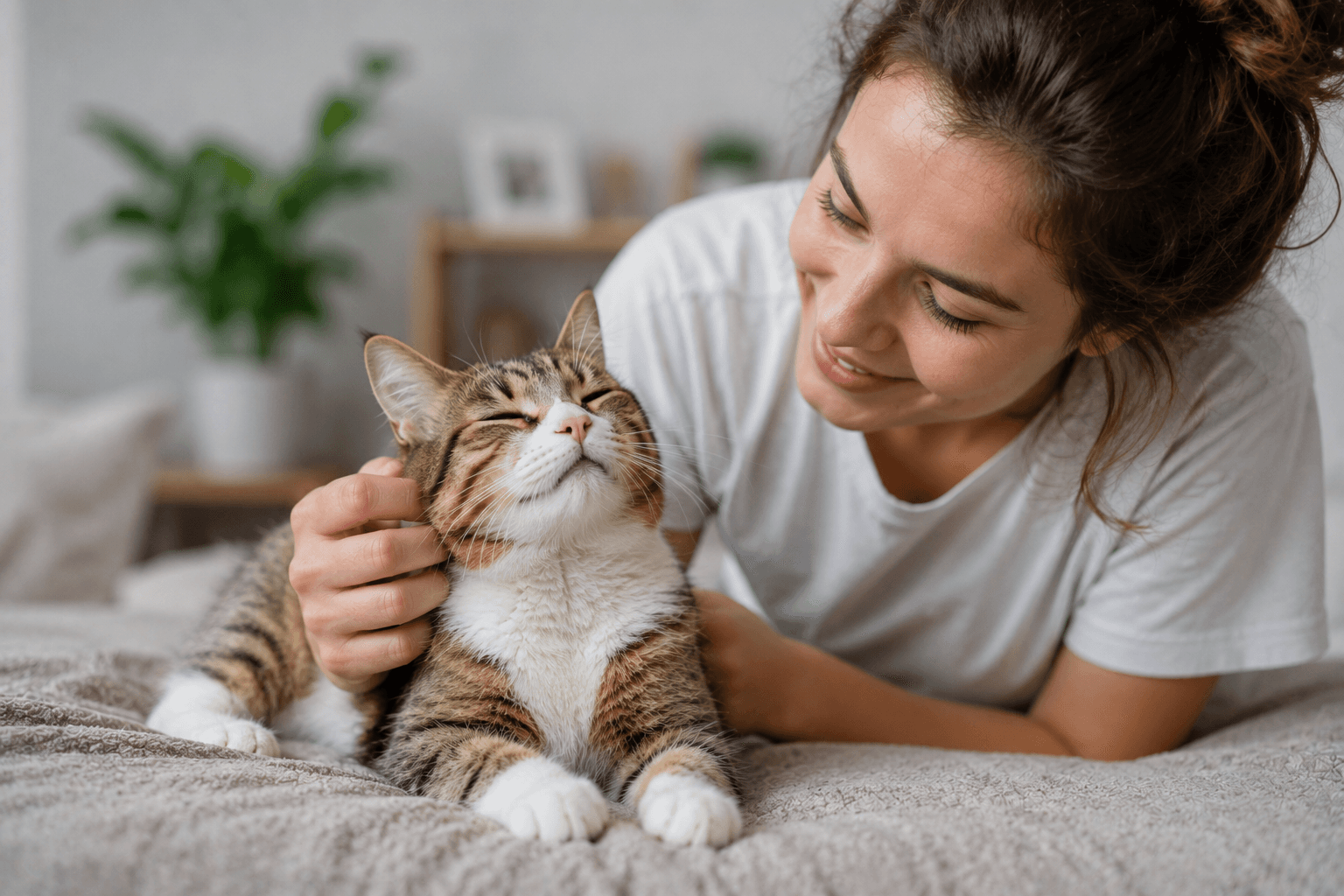 Friendly interaction between a cat owner and their cat, highlighting a calm and positive pet care routine.