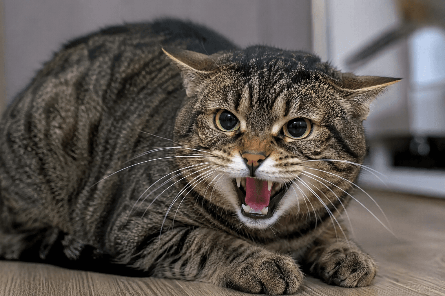 Angry cat showing signs of irritation with flattened ears and an intense stare indicating feline aggression.