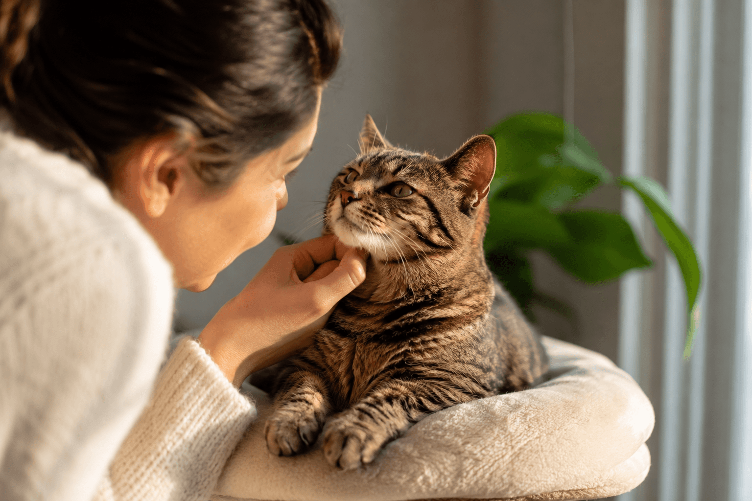 Pet owner calmly soothing an angry cat by creating a safe and comfortable environment.
