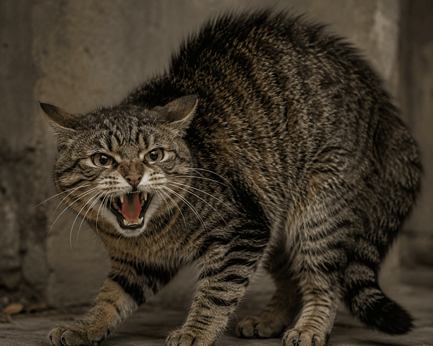 Cat hissing while feeling threatened, displaying one of the most common signs of cat anger and discomfort.