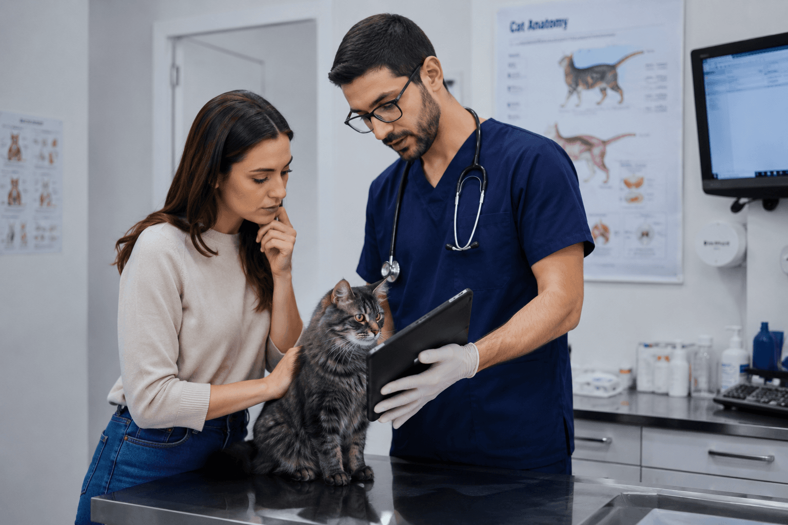 طبيب بيطري يشرح نتائج الفحص الطبي لمالك القطة داخل عيادة بيطرية حديثة.