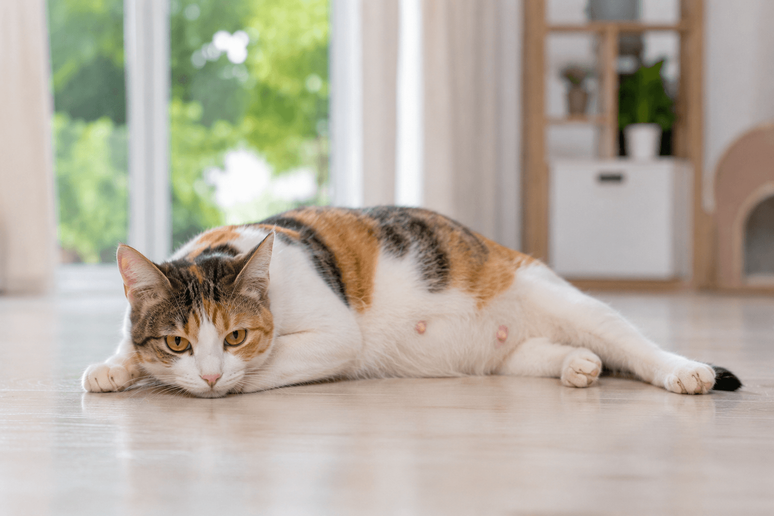 Pregnant cat resting calmly with a visibly enlarged abdomen, one of the symptoms of pregnancy in cats.