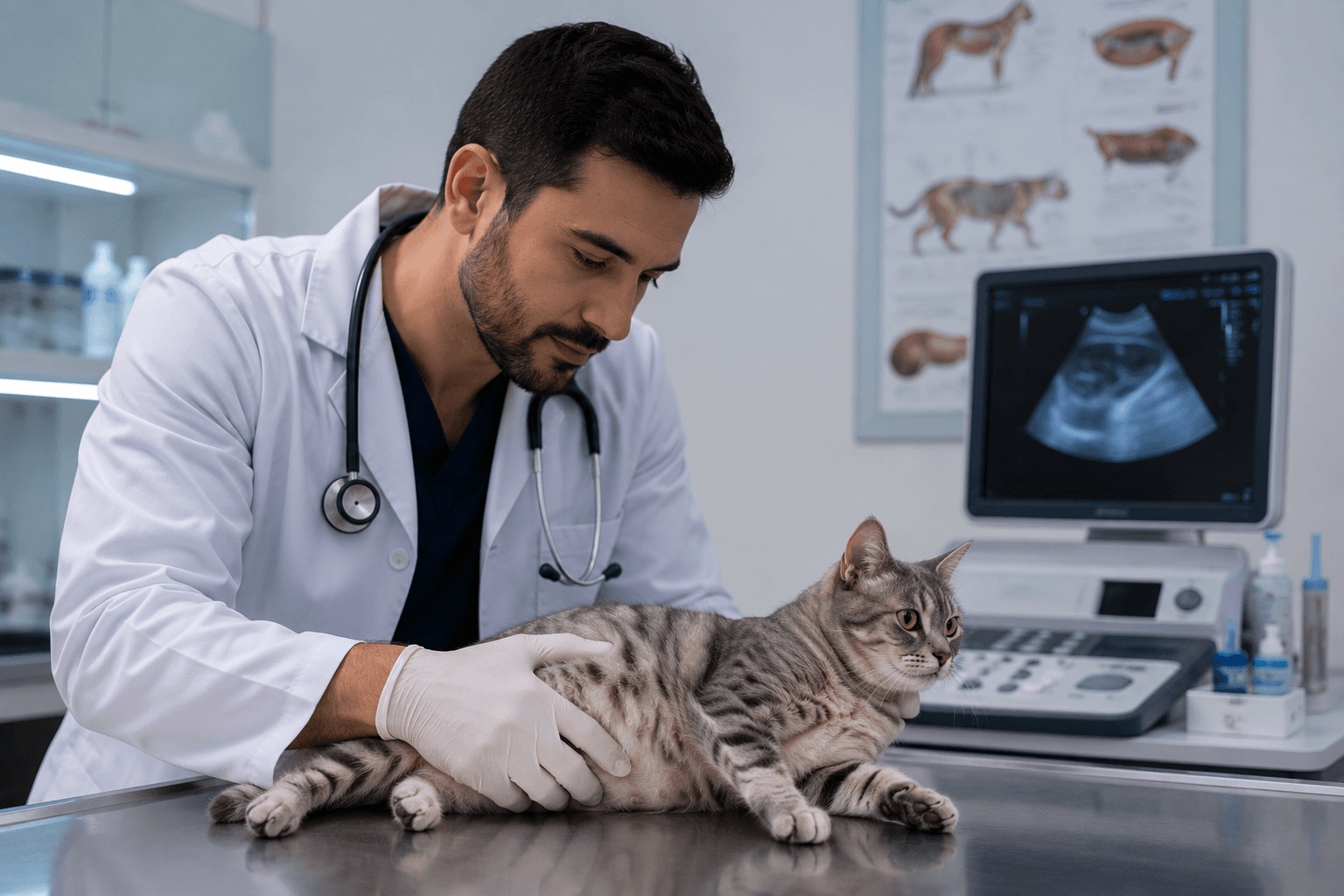 Veterinarian examining a cat showing symptoms of pregnancy in cats at a modern veterinary clinic.