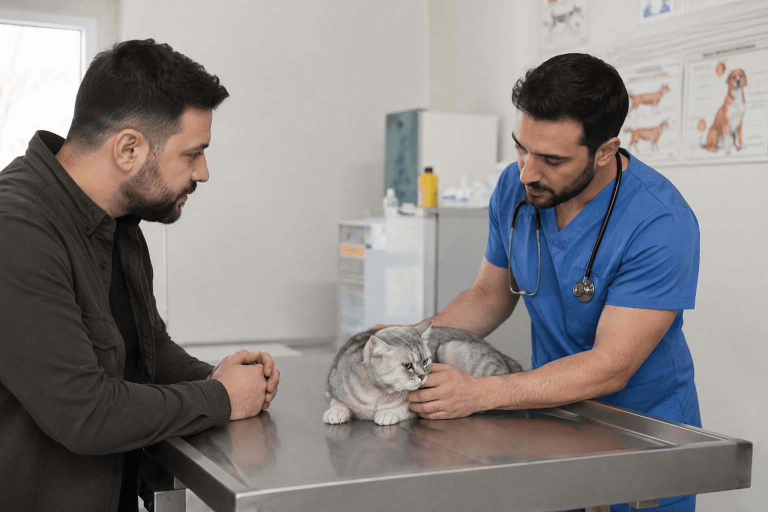 Cat owner consulting a veterinarian about symptoms of pregnancy in cats and proper prenatal care.