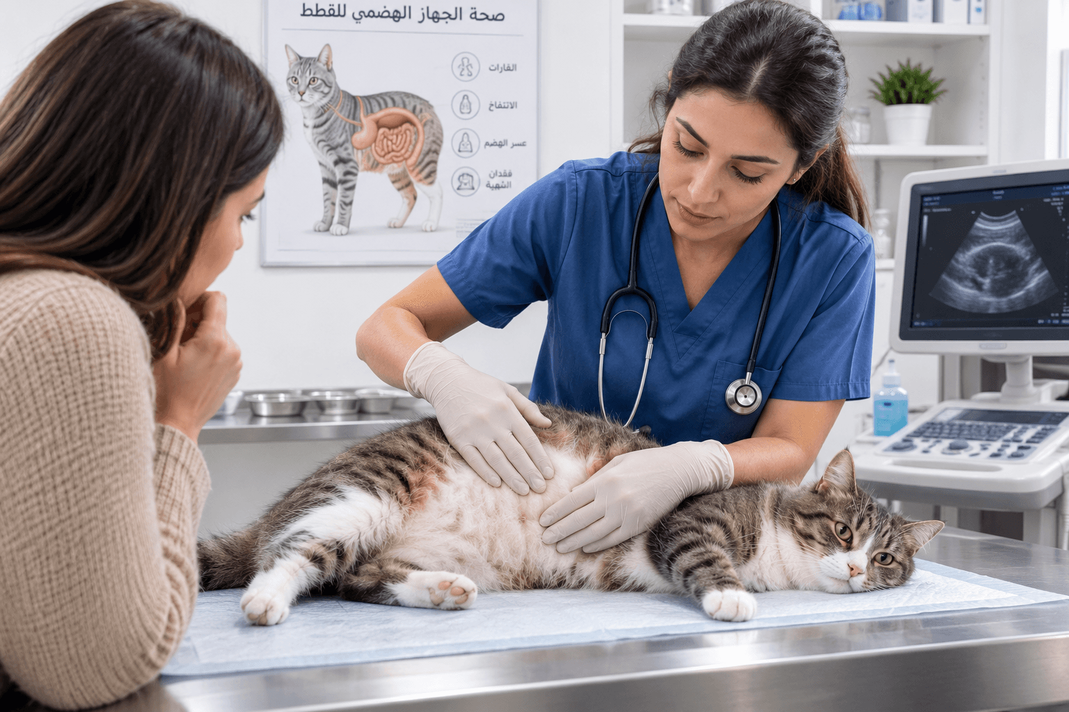 Domestic cat being examined by a veterinarian to diagnose gas in cats and digestive health issues.