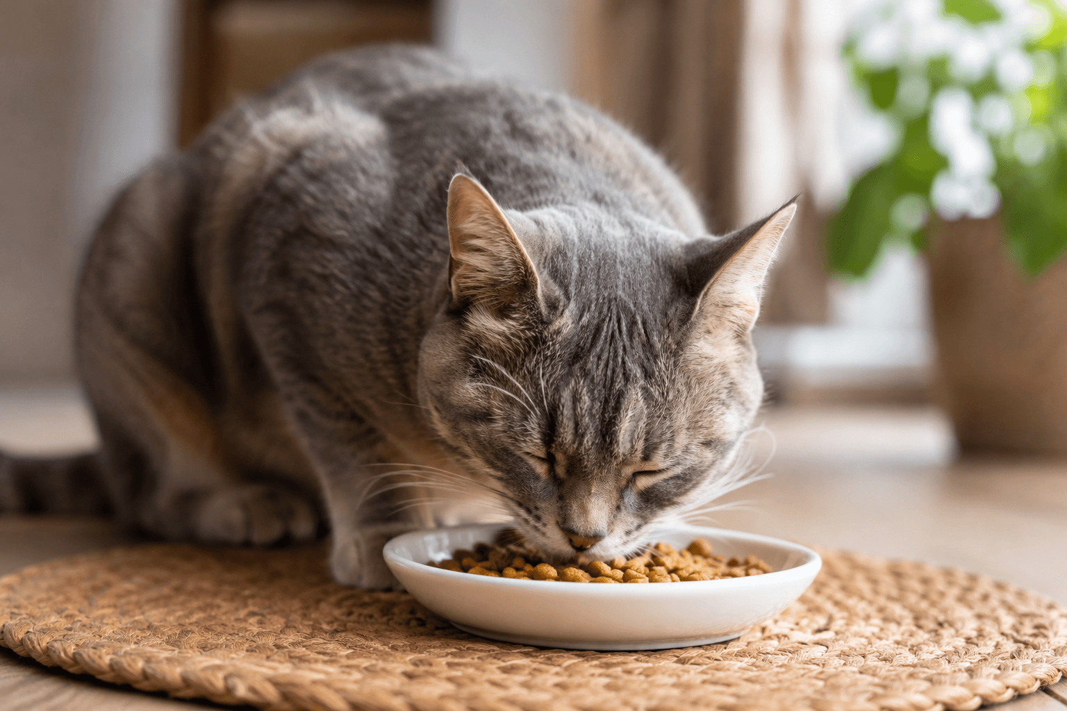 Cat eating a balanced diet designed to support digestion and reduce gas in cats.
