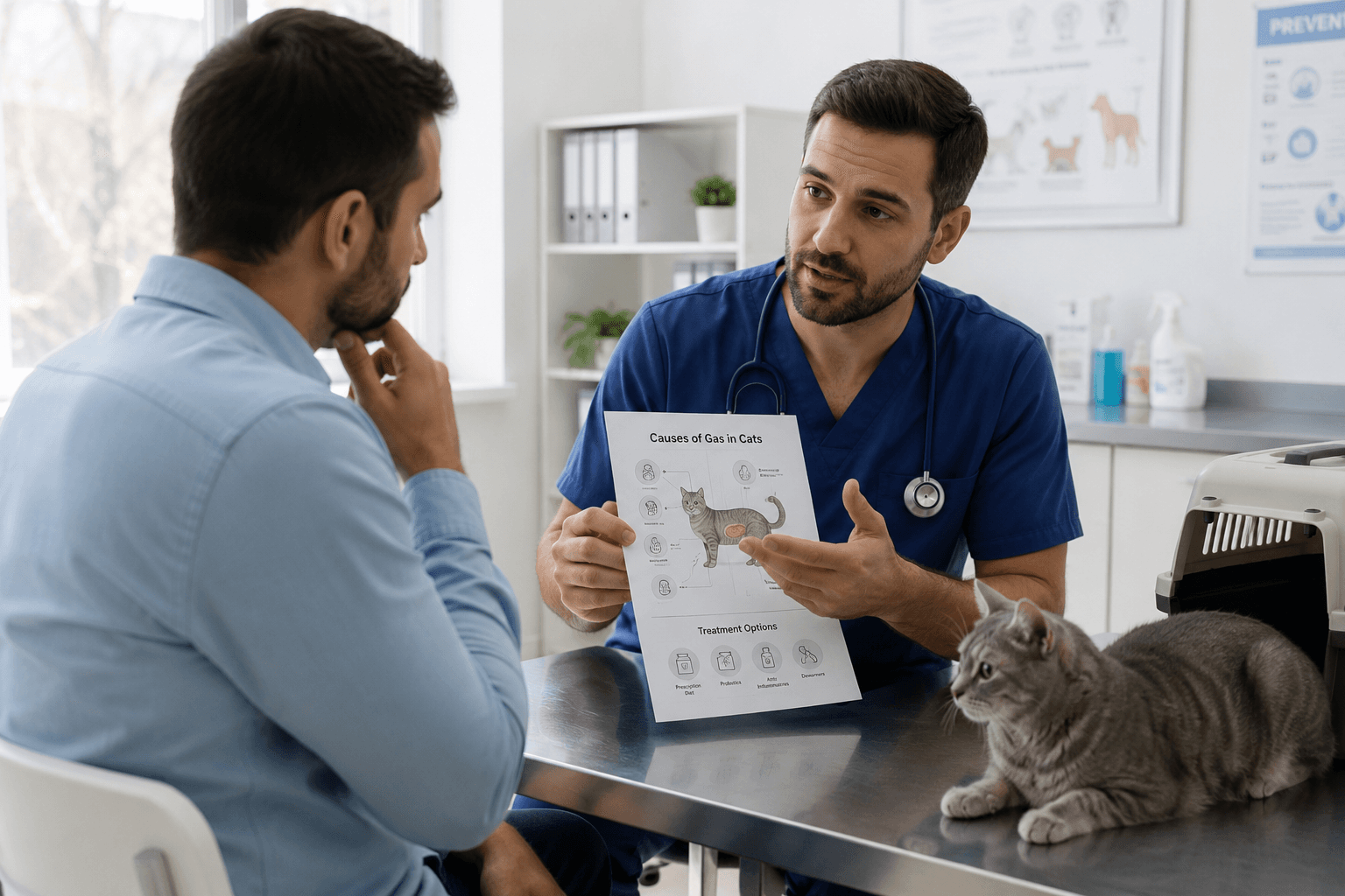 Veterinarian explaining the causes of gas in cats and treatment options to a cat owner.