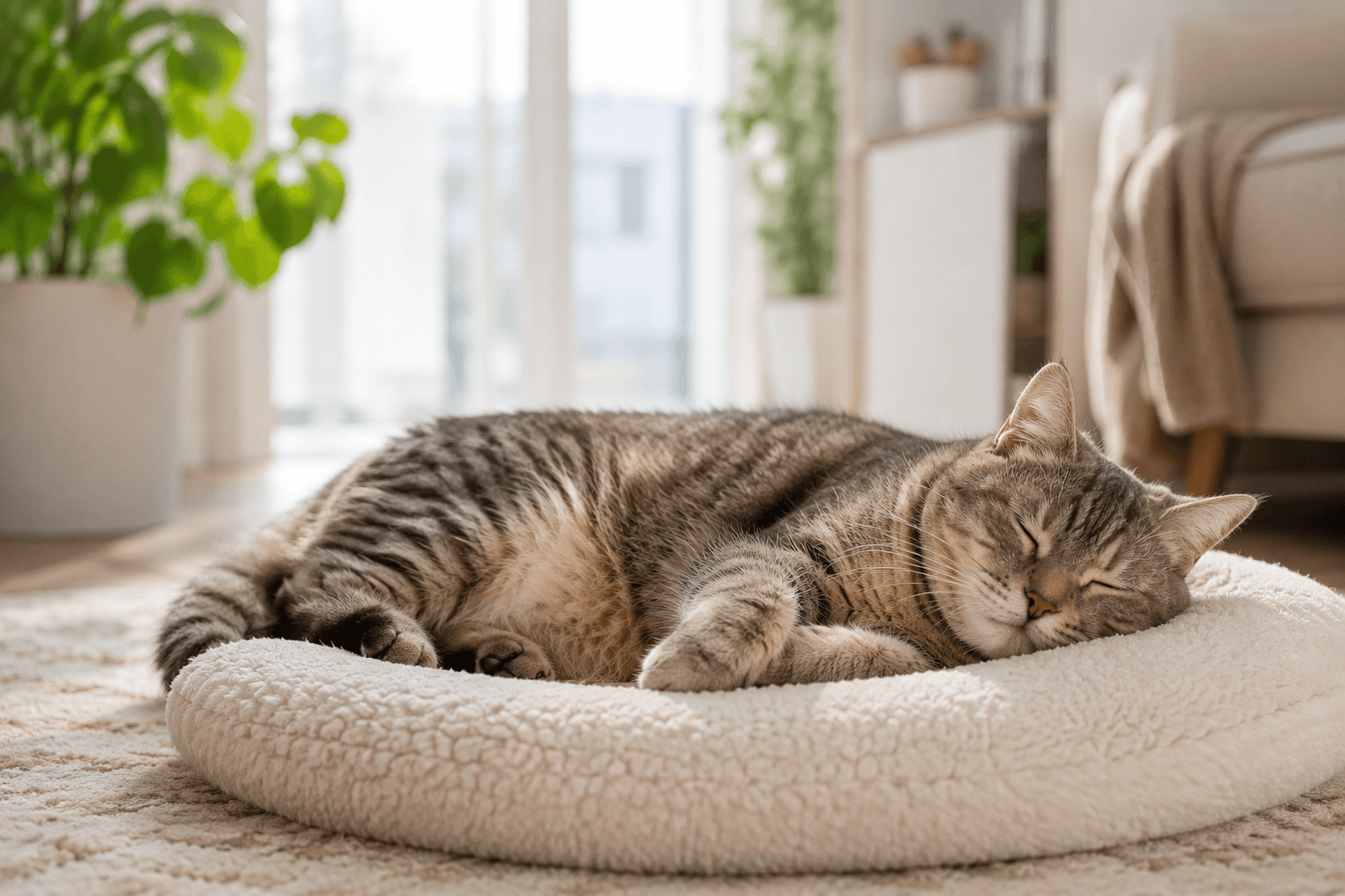 Healthy cat relaxing at home after recovering from gas and digestive discomfort.