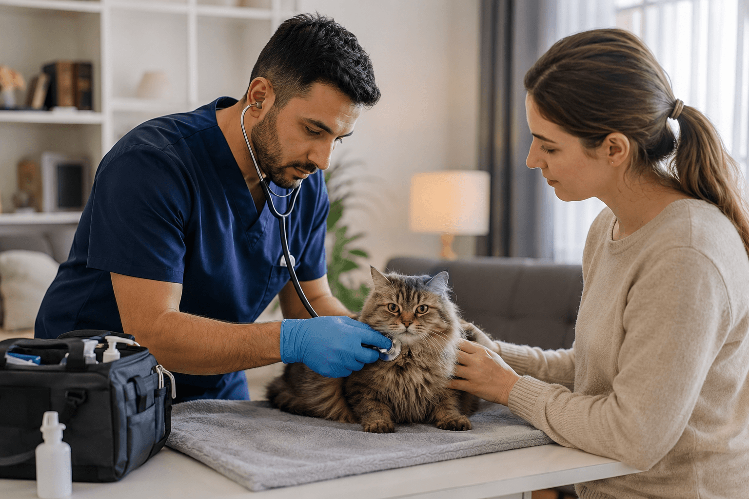 Veterinarian from a mobile cat clinic examining a pet cat inside the owner's home.