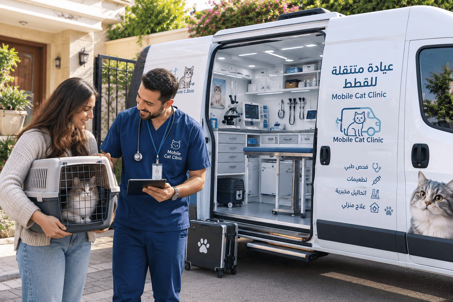 A fully equipped mobile cat clinic vehicle parked outside a home to provide veterinary care.