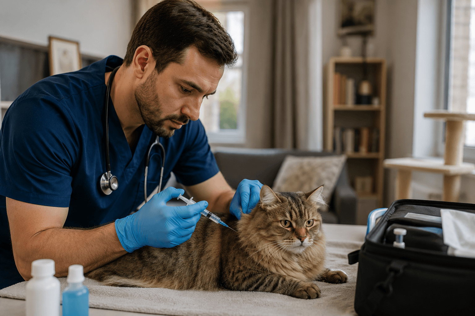 A veterinarian administering a vaccine to a cat during a mobile cat clinic home visit.