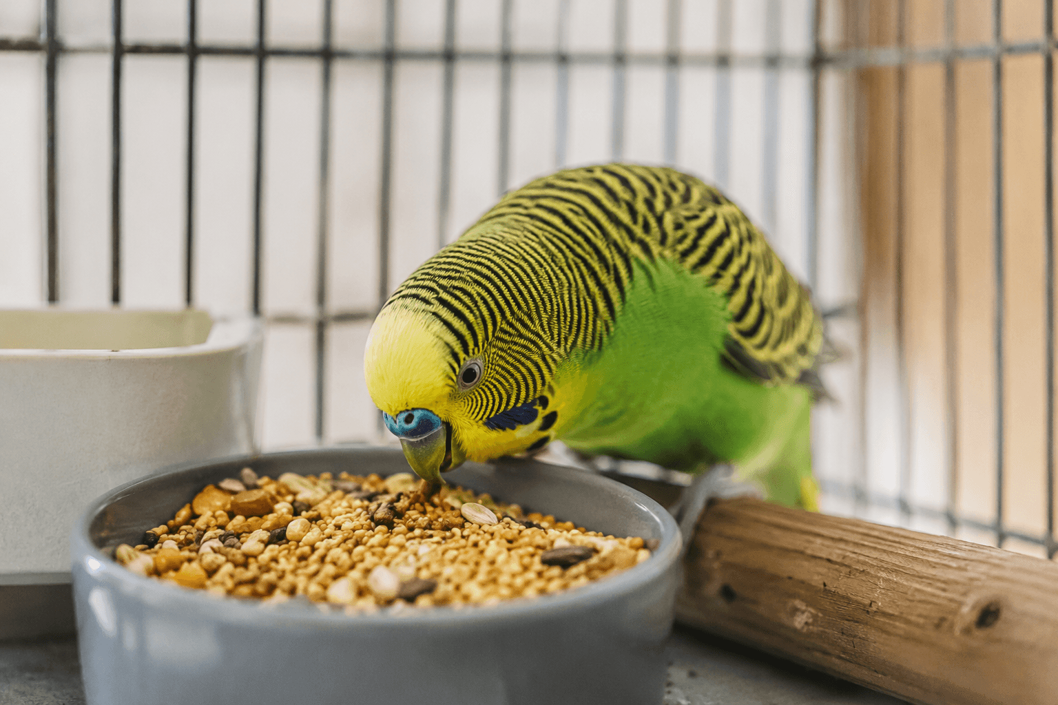 Pet bird eating a balanced diet inside a clean cage to support its health and activity.