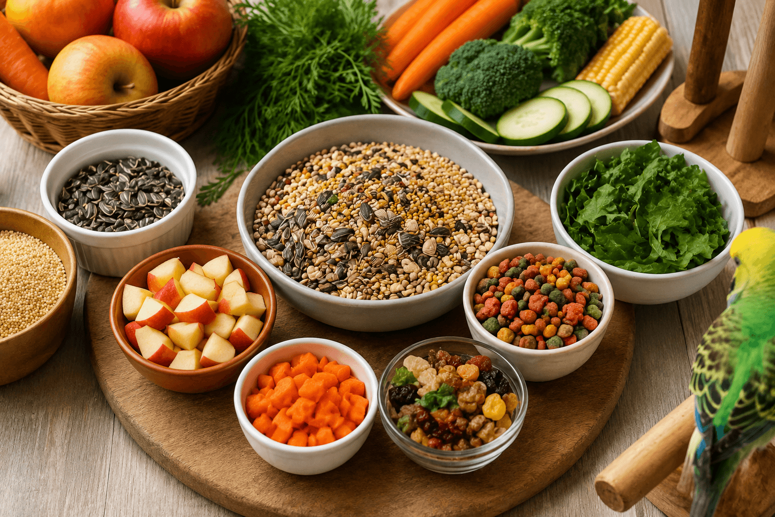 Healthy bird nutrition with seeds, fresh fruits, and vegetables suitable for pet birds.