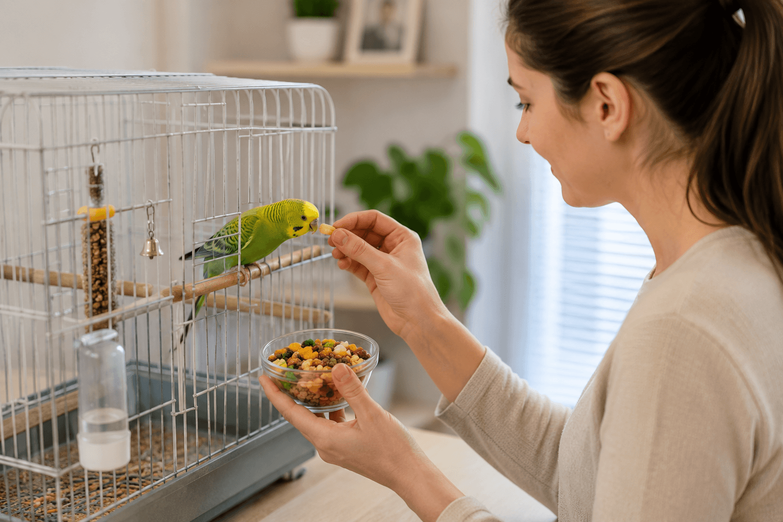 Bird owner feeding a pet bird a balanced meal based on its daily nutritional needs.