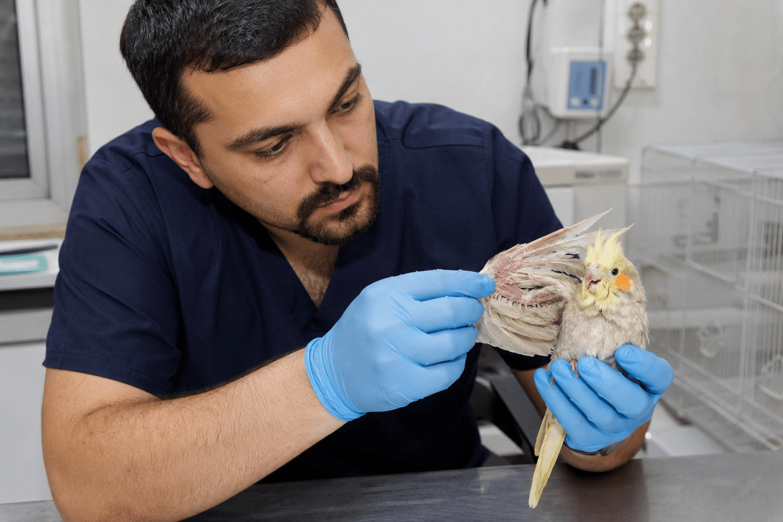 Veterinarian examining a bird with feather loss to diagnose the cause and provide the appropriate treatment.