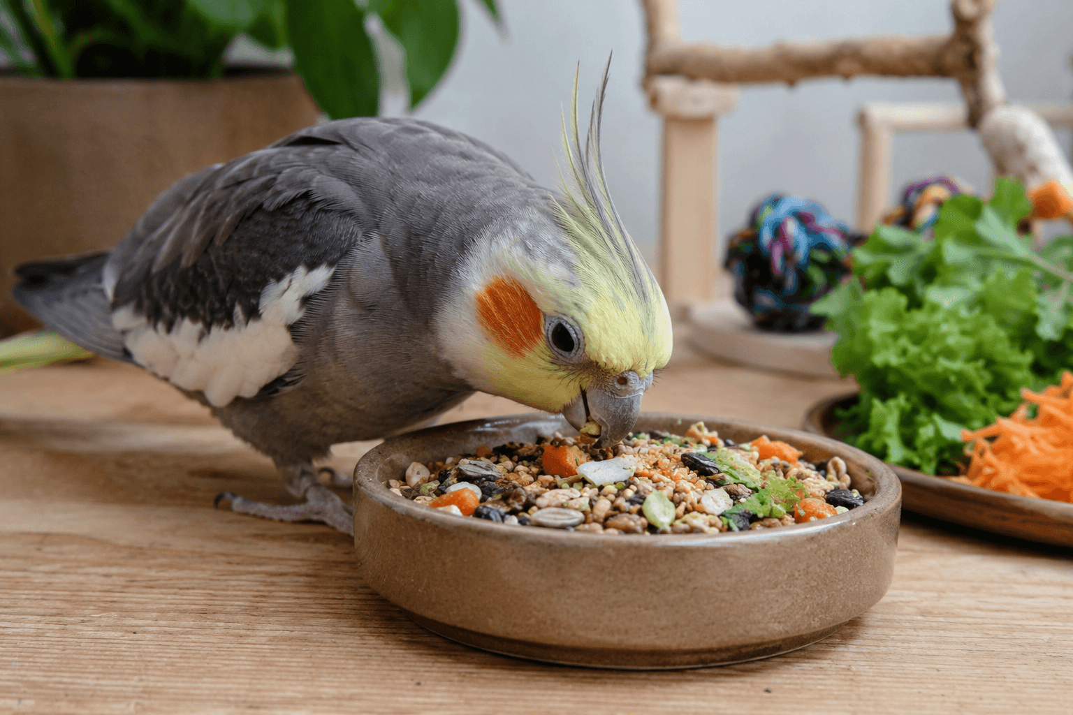Pet bird eating a balanced vitamin-rich diet to support feather regrowth and treat feather loss.