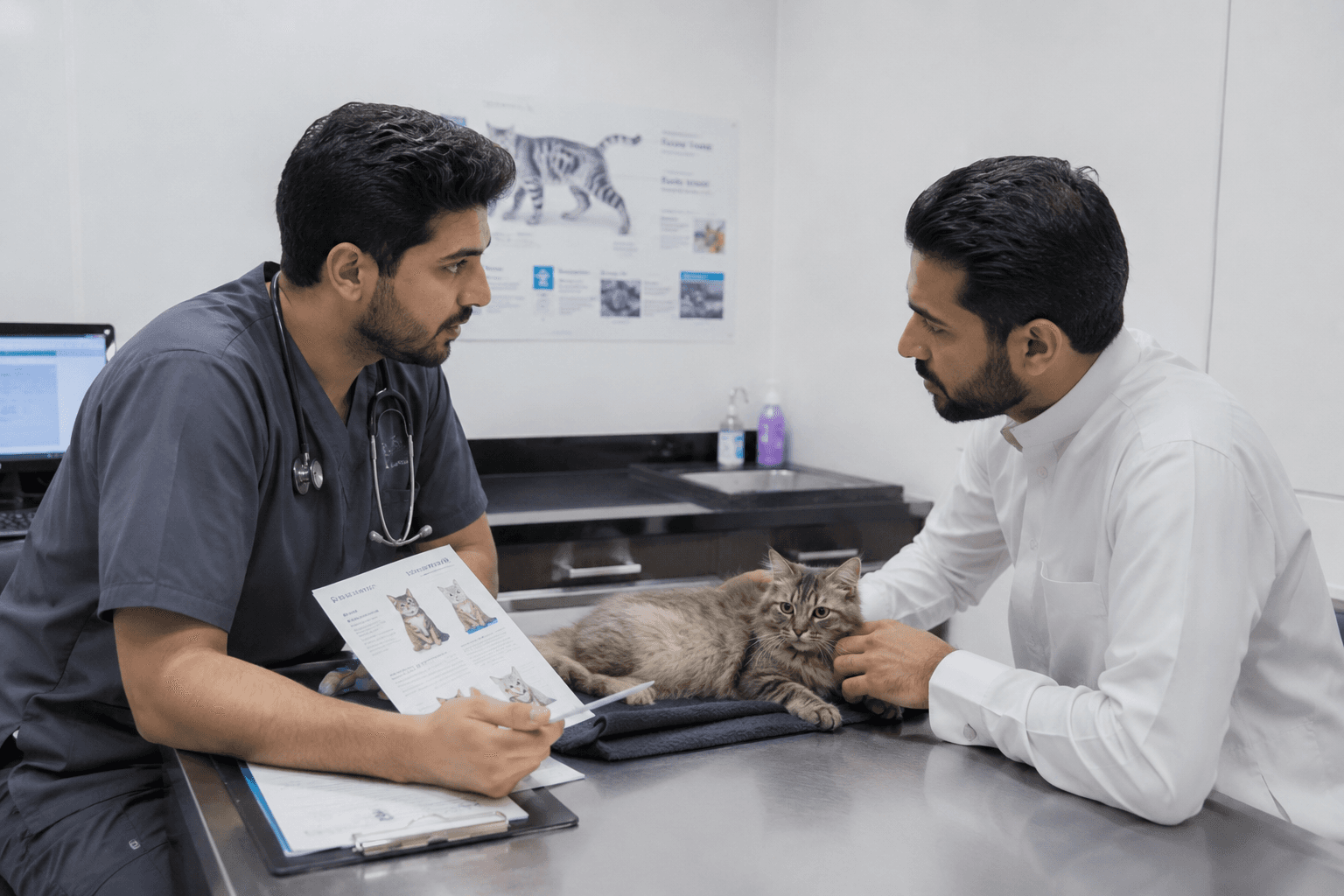 Cat owner consulting a veterinarian about treatment and healthcare needs for their pet.