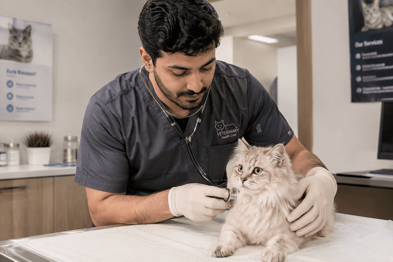 Cat veterinarian in Riyadh performing a comprehensive health examination on a pet cat