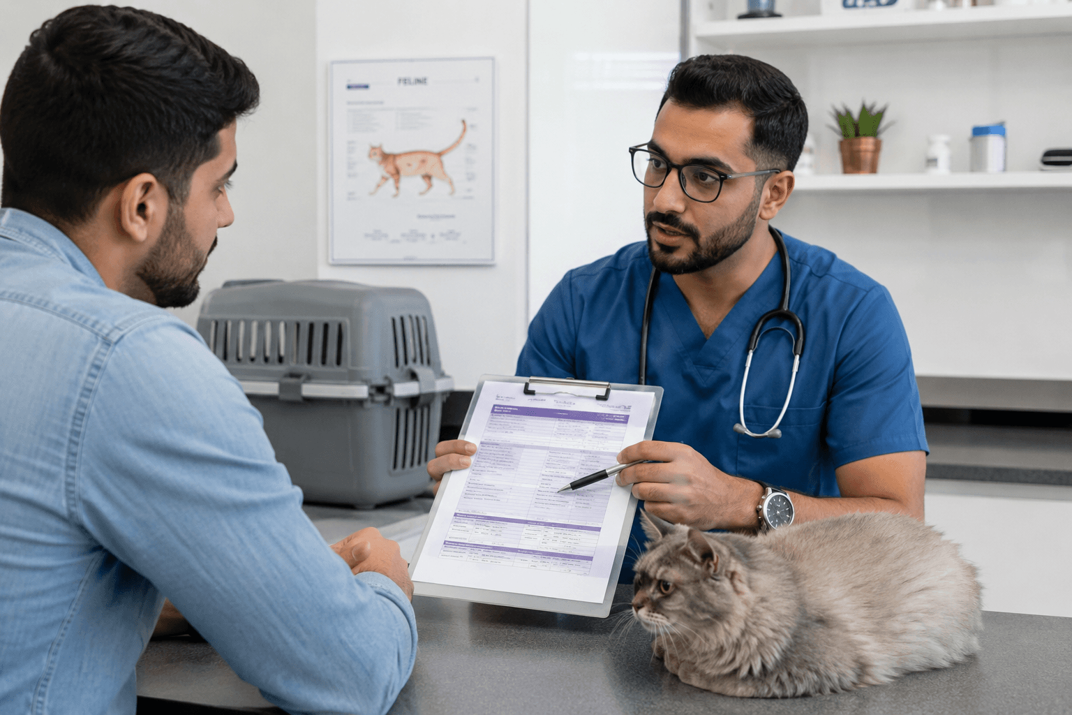 Veterinarian explaining the examination results and suitable healthcare plan to a cat owner.