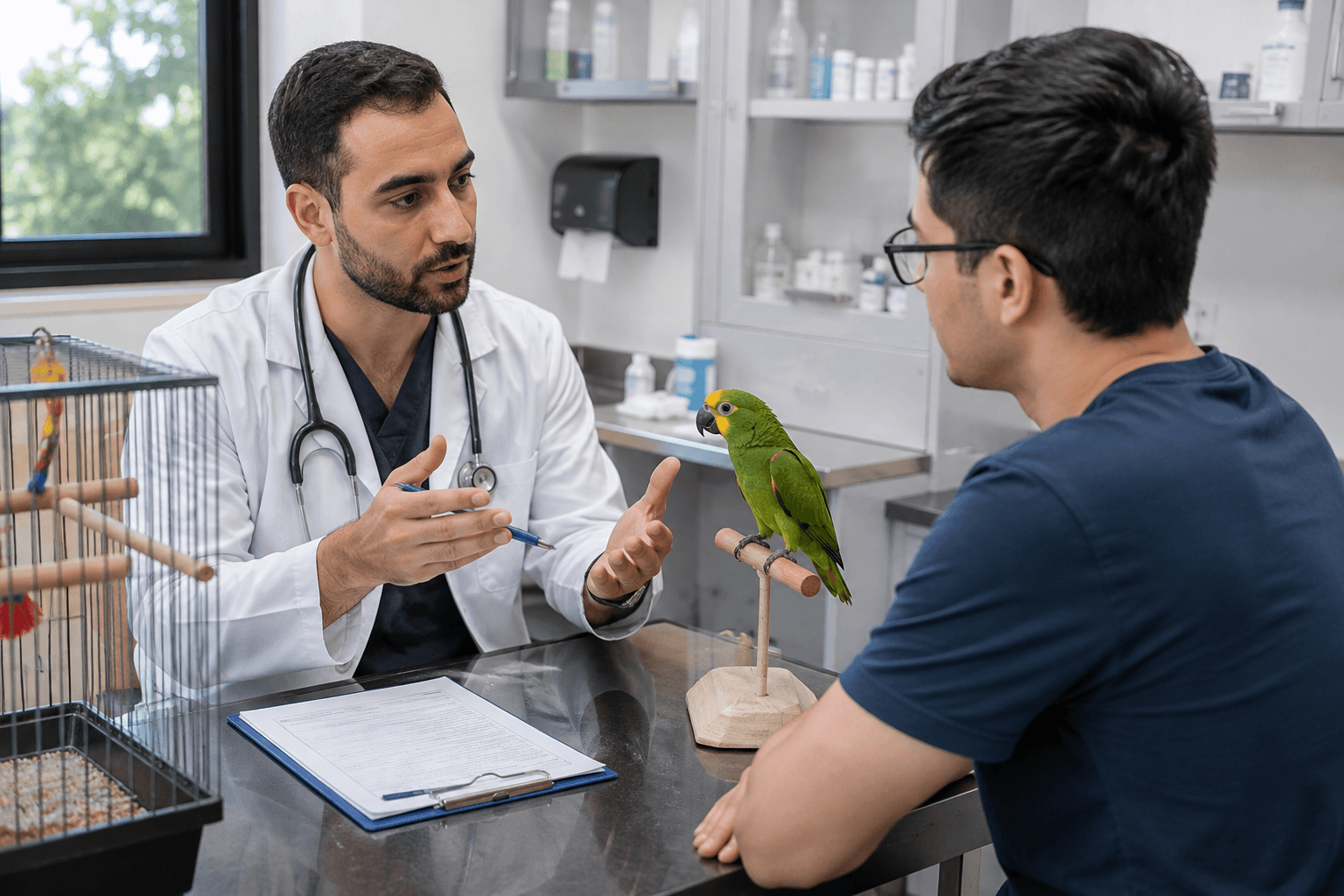 طبيب بيطري يشرح لمالك الطائر طرق ترويض الطيور وتعزيز الثقة والتواصل معها.