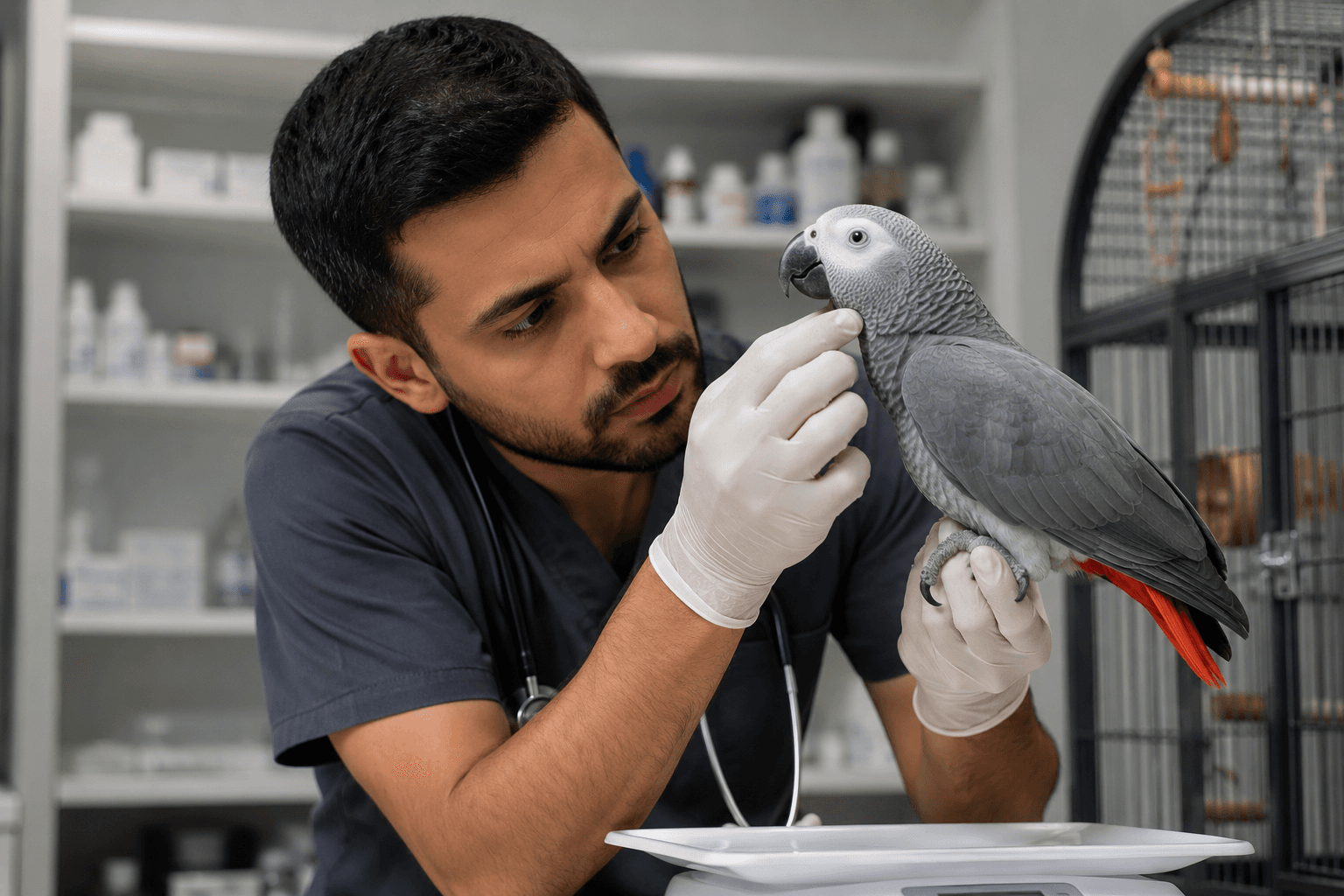 طبيب بيطري للطيور يفحص ببغاء أليف لتقييم حالته الصحية.