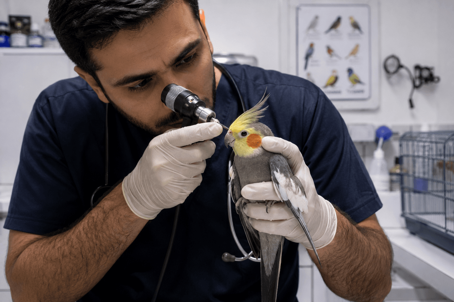 طبيب بيطري يفحص طائرًا أليفًا باستخدام أدوات الفحص البيطري.