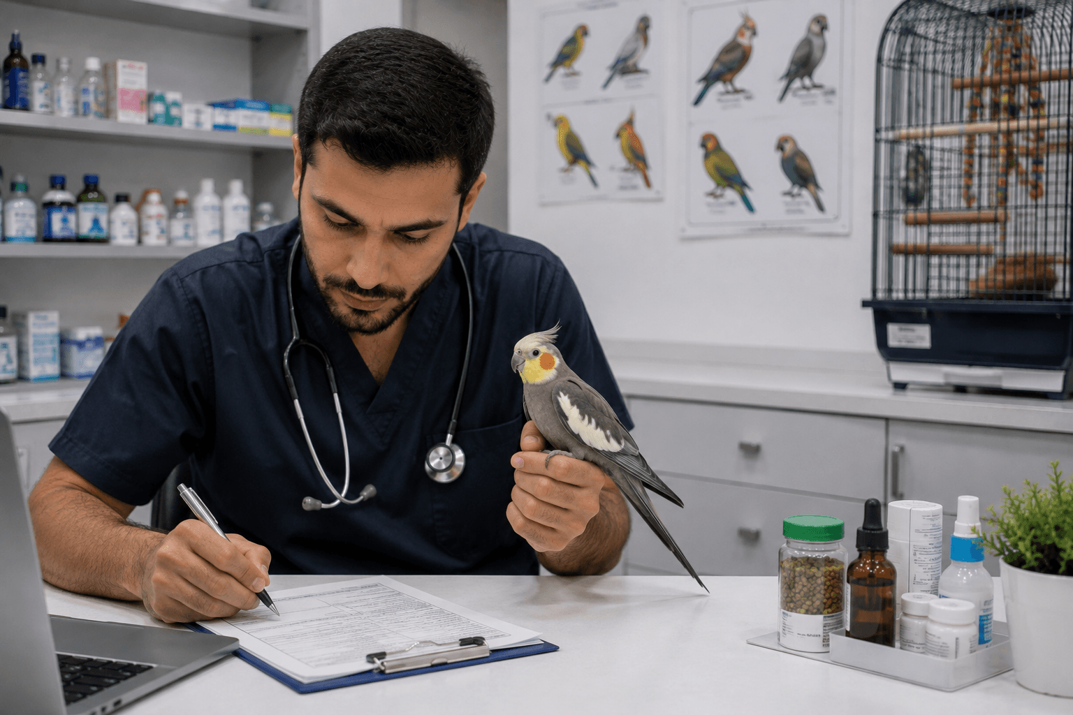 طبيب بيطري يضع خطة علاج مناسبة لطائر أليف بعد الفحص.