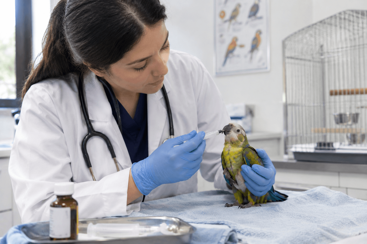 Bird veterinarian providing appropriate treatment for a pet bird.