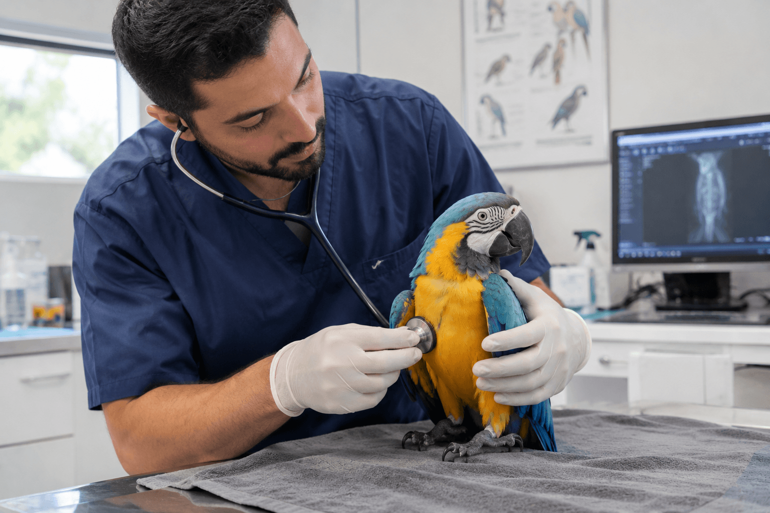 Veterinarian examining a pet parrot and assessing its health.