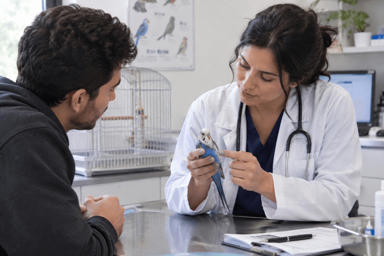 Bird owner consulting a veterinarian about the health and care of their pet bird.