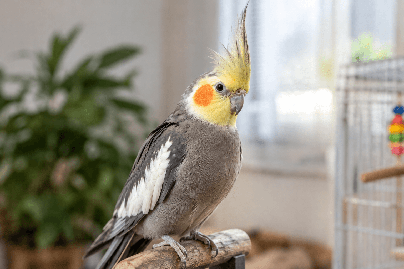 Realistic cockatiel with an upright crest and attentive posture, illustrating bird body language and feather signals.