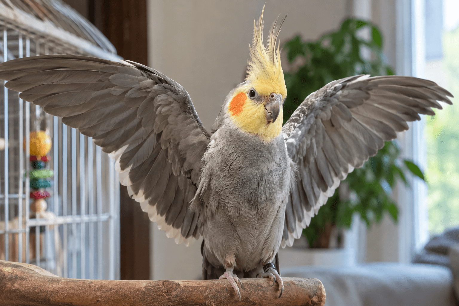 Pet parrot spreading its wings to express its behavior and mood.