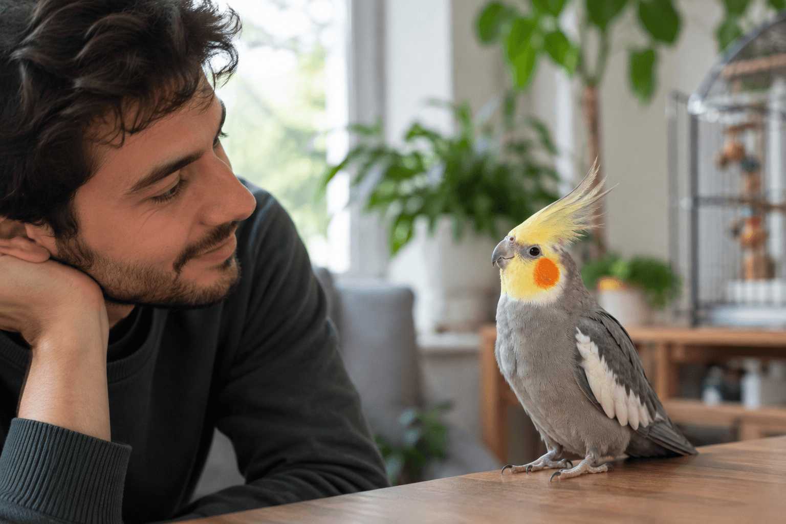 Bird owner observing a parrot’s body movements to understand its behavior and signals