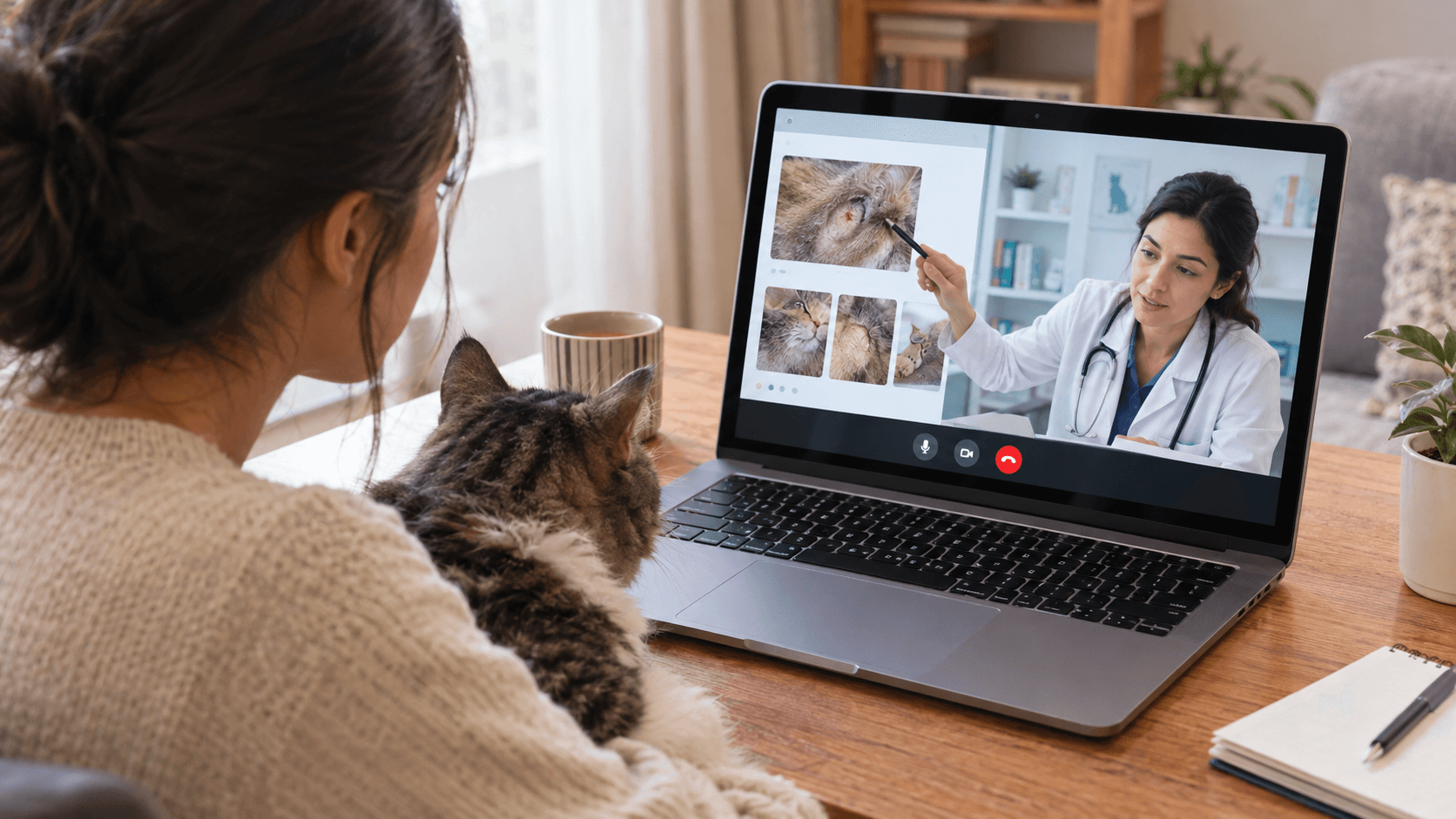 صاحبة قطة تتابع صحة قطتها في المنزل وتستعد لطلب استشارة بيطرية عند الحاجة
