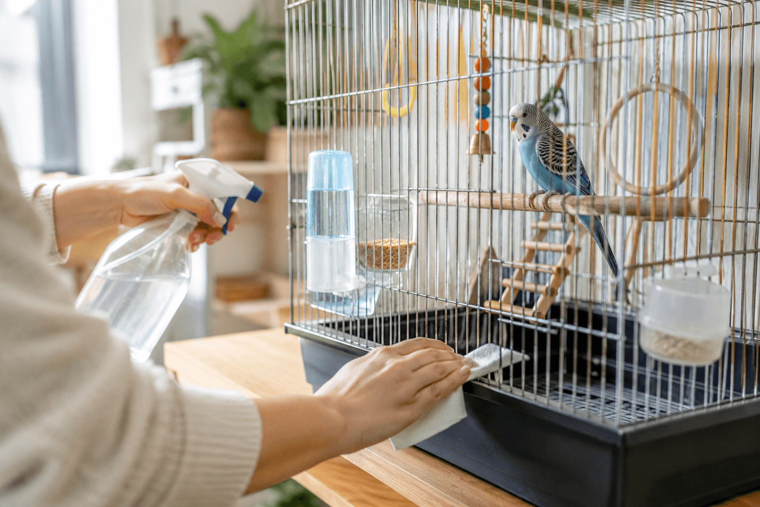 Pet bird care with a clean and safe environment for a pet bird inside its cage.