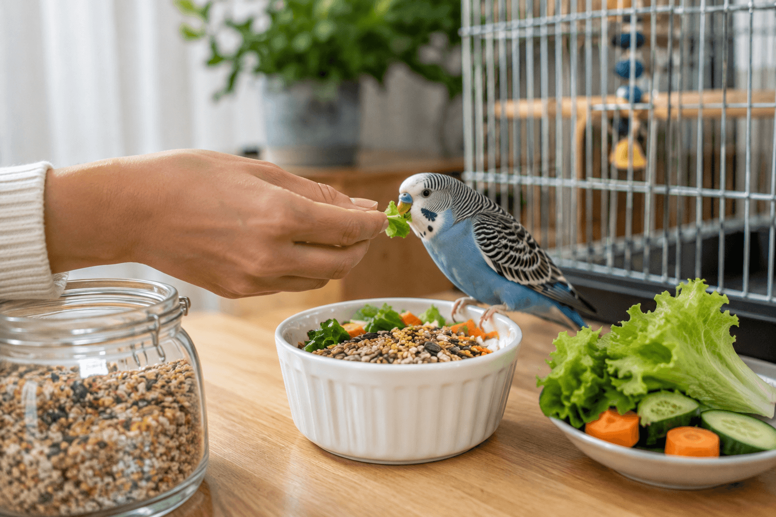 Feeding pet birds a balanced diet of seeds and fresh vegetables for better health.