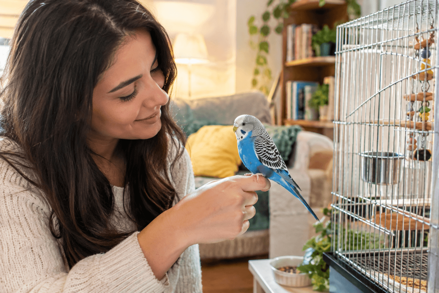 Pet bird owner interacting with a bird and caring for its health and comfort at home.